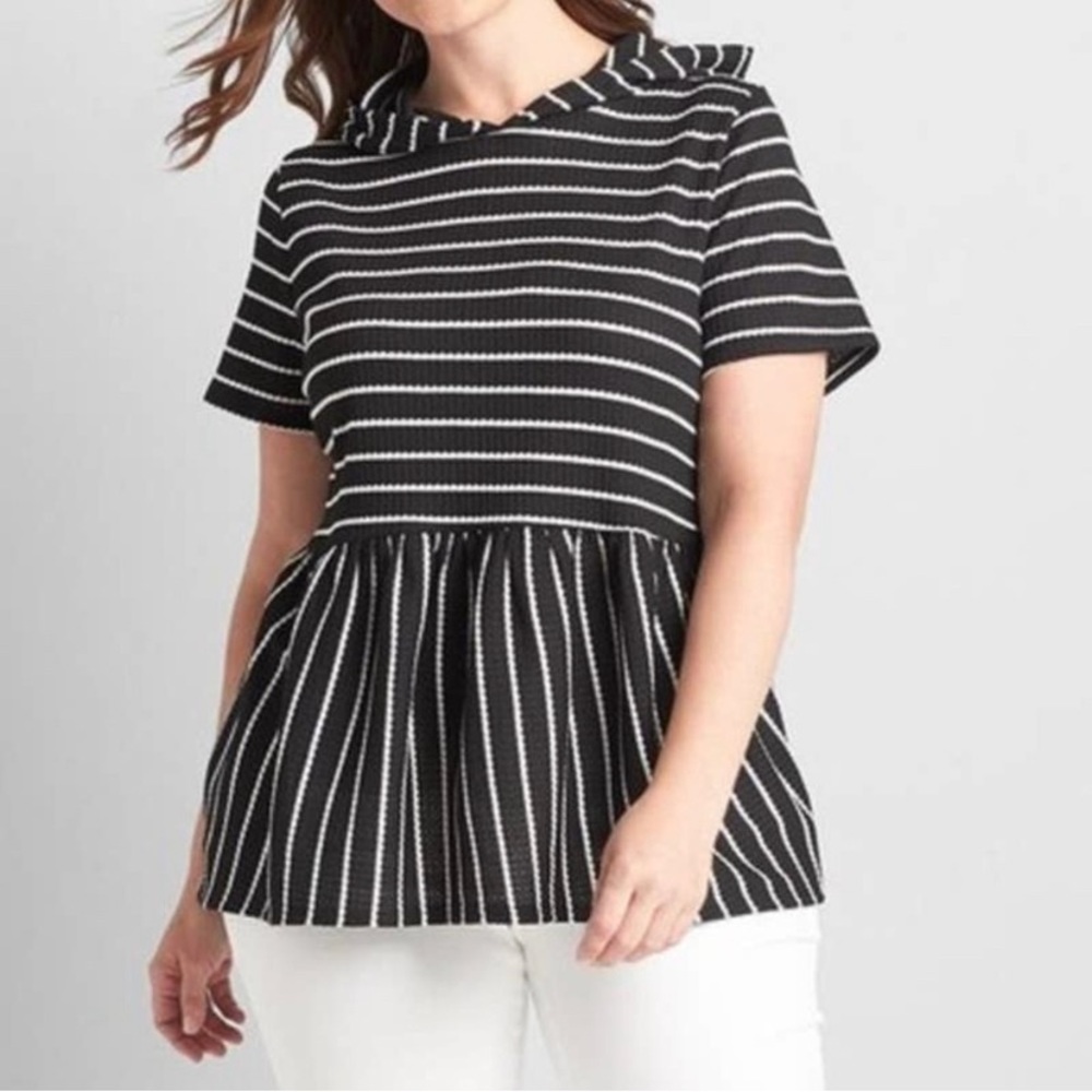 Lane Bryant hooded peplum babydoll top black white striped hooded 10/12
